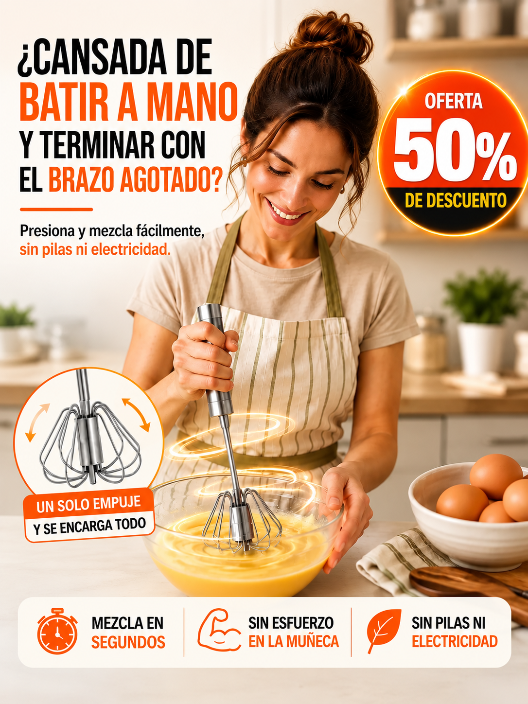 BATIDOR SEMIAUTOMATICO DE ACERO INOXIDABLE | MEZCLA MAS RÁPIDO, CON MENOS ESFUERZO Y SIN ELECTRICIDAD.